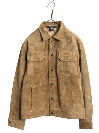 90s ポロ ラルフローレン 本革 スウェード レザー トラッカー ジャケット ボーイズ L メンズ M 革ジャン ブルゾン ジャンパー 4ポケット 茶