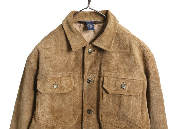 90s ポロ ラルフローレン 本革 スウェード レザー トラッカー ジャケット ボーイズ L メンズ M 革ジャン ブルゾン ジャンパー 4ポケット 茶