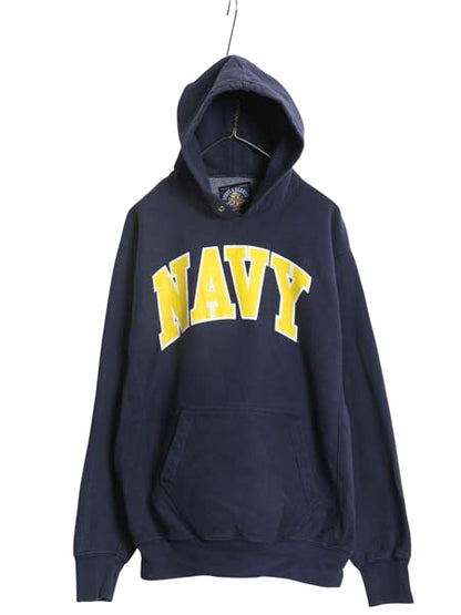 00s US NAVY プリント スウェット フード パーカー メンズ M / オールド スティーブアンドバリーズ リバース タイプ トレーナー 裏起毛 紺