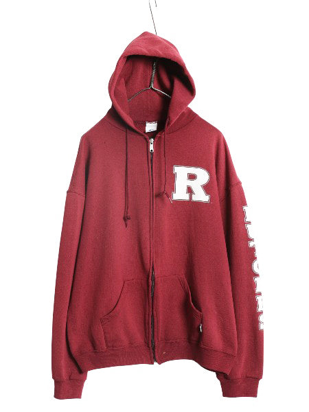 00s ラッセル 3面 カレッジ プリント フルジップ スウェット フード パーカー メンズ レディース L / オールド トレーナー 裏起毛 エンジ