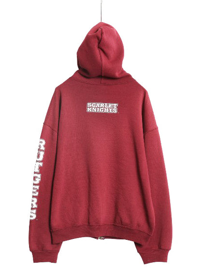 00s ラッセル 3面 カレッジ プリント フルジップ スウェット フード パーカー メンズ レディース L / オールド トレーナー 裏起毛 エンジ