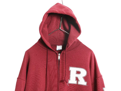 00s ラッセル 3面 カレッジ プリント フルジップ スウェット フード パーカー メンズ レディース L / オールド トレーナー 裏起毛 エンジ