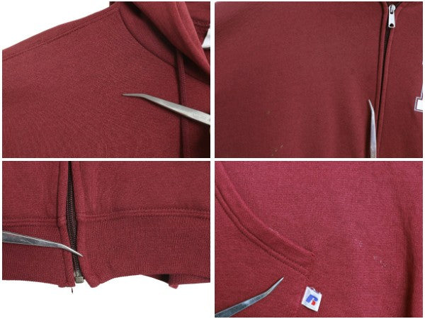 00s ラッセル 3面 カレッジ プリント フルジップ スウェット フード パーカー メンズ レディース L / オールド トレーナー 裏起毛 エンジ