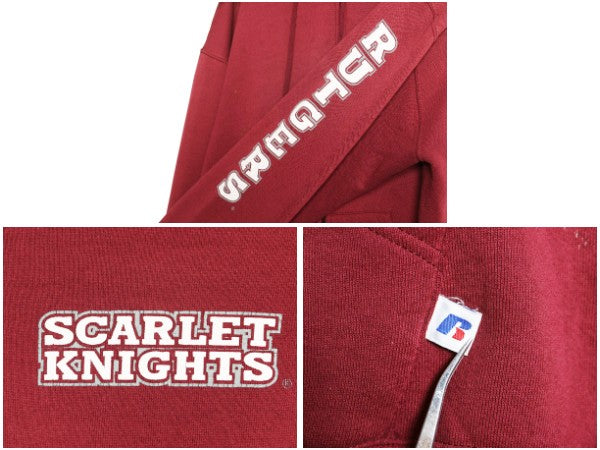 00s ラッセル 3面 カレッジ プリント フルジップ スウェット フード パーカー メンズ レディース L / オールド トレーナー 裏起毛 エンジ