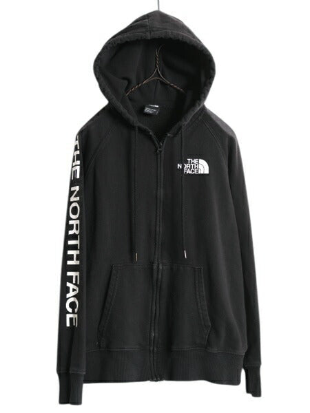 ノースフェイス フルジップ プリント スウェット フード パーカー レディース S / The North Face アウトドア トレーナー 袖プリント 黒
