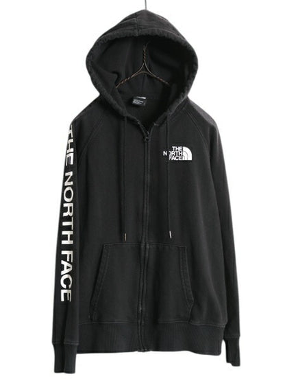 ノースフェイス フルジップ プリント スウェット フード パーカー レディース S / The North Face アウトドア トレーナー 袖プリント 黒