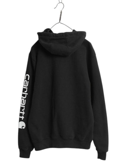 カーハート 袖 プリント スウェット フード パーカー メンズ S / 古着 CARHARTT トレーナー プルオーバー 裏起毛 ミドルウェイト ブラック