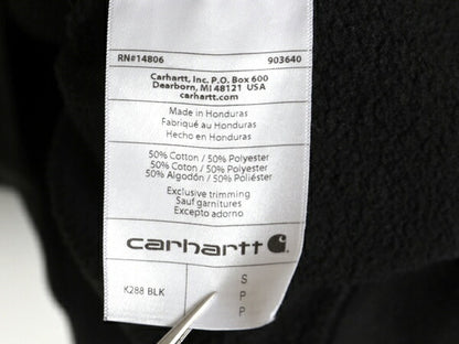 カーハート 袖 プリント スウェット フード パーカー メンズ S / 古着 CARHARTT トレーナー プルオーバー 裏起毛 ミドルウェイト ブラック