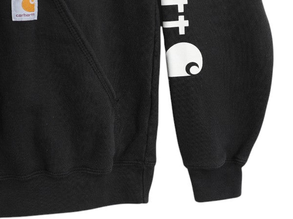 カーハート 袖 プリント スウェット フード パーカー メンズ S / 古着 CARHARTT トレーナー プルオーバー 裏起毛 ミドルウェイト ブラック