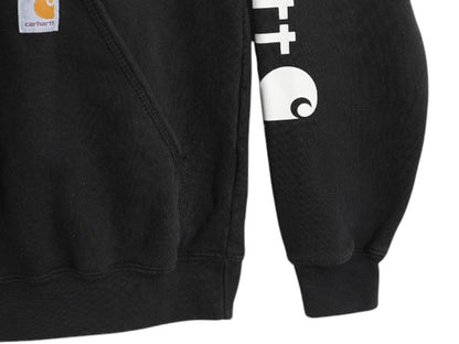 カーハート 袖 プリント スウェット フード パーカー メンズ S / 古着 CARHARTT トレーナー プルオーバー 裏起毛 ミドルウェイト ブラック
