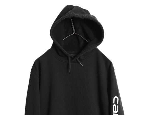 カーハート 袖 プリント スウェット フード パーカー メンズ S / 古着 CARHARTT トレーナー プルオーバー 裏起毛 ミドルウェイト ブラック