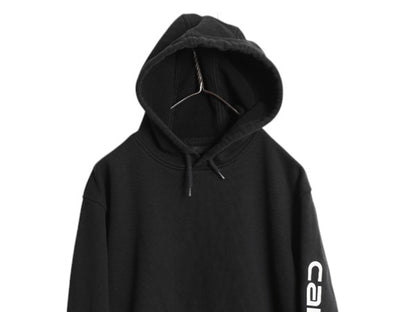 カーハート 袖 プリント スウェット フード パーカー メンズ S / 古着 CARHARTT トレーナー プルオーバー 裏起毛 ミドルウェイト ブラック