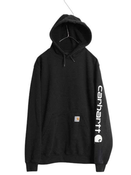 カーハート 袖 プリント スウェット フード パーカー メンズ S / 古着 CARHARTT トレーナー プルオーバー 裏起毛 ミドルウェイト ブラック