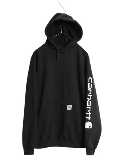 カーハート 袖 プリント スウェット フード パーカー メンズ S / 古着 CARHARTT トレーナー プルオーバー 裏起毛 ミドルウェイト ブラック