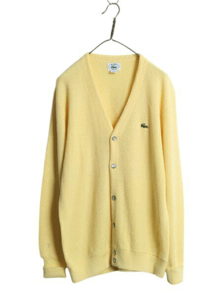 80s USA製 ラコステ アクリル ニット カーディガン メンズ レディース L 古着 ヴィンテージ IZOD LACOSTE 羽織り 前開き セーター イエロー
