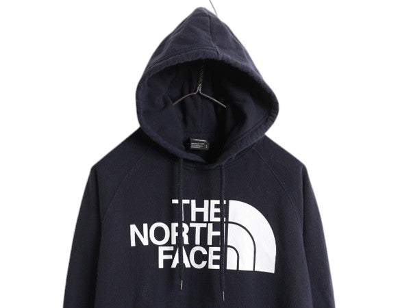 ノースフェイス プリント スウェット フード パーカー レディース S 古着 The North Face プルオーバー トレーナー 裏起毛 薄手 ネイビー