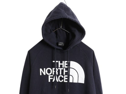 ノースフェイス プリント スウェット フード パーカー レディース S 古着 The North Face プルオーバー トレーナー 裏起毛 薄手 ネイビー