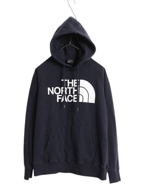 ノースフェイス プリント スウェット フード パーカー レディース S 古着 The North Face プルオーバー トレーナー 裏起毛 薄手 ネイビー