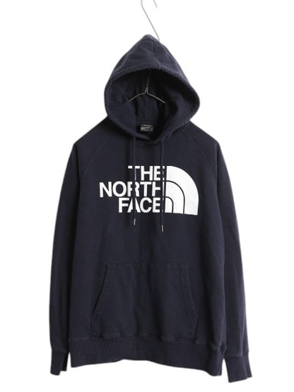 ノースフェイス プリント スウェット フード パーカー レディース S 古着 The North Face プルオーバー トレーナー 裏起毛 薄手 ネイビー