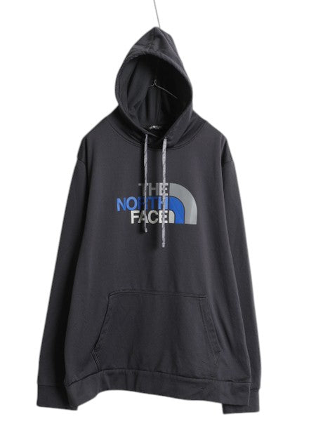 ノースフェイス プリント フード パーカー メンズ XL / プルオーバー ストレッチ ジャージ 素材 裏 フリース アウトドア 大きいサイズ 濃灰