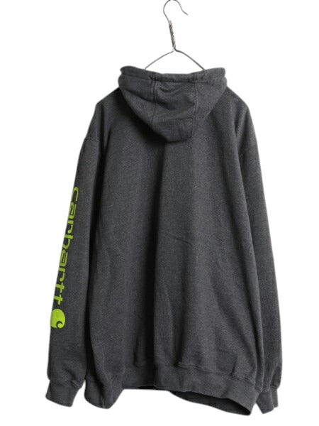 カーハート 袖 プリント スウェット フード パーカー メンズ XL / CARHARTT トレーナー 裏起毛 プルオーバー ミドルウェイト 大きいサイズ
