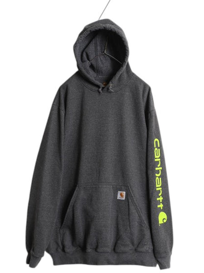 カーハート 袖 プリント スウェット フード パーカー メンズ XL / CARHARTT トレーナー 裏起毛 プルオーバー ミドルウェイト 大きいサイズ