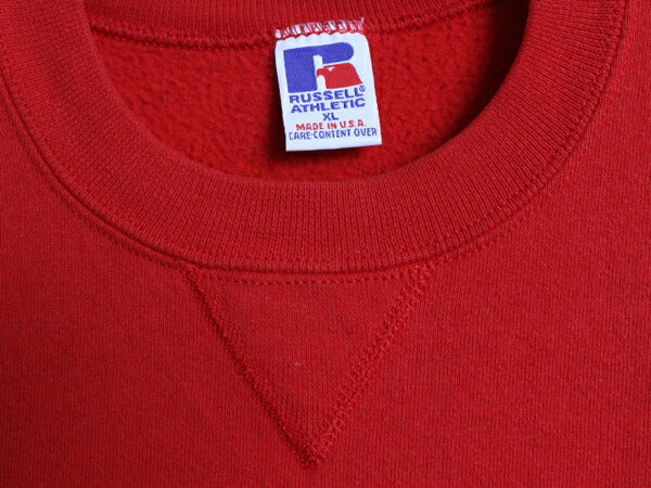 90s USA製 ラッセル 無地 スウェット メンズ レディース XL / オールド RUSSELL ブランク トレーナー 前V 裏起毛 スエット 大きいサイズ 赤
