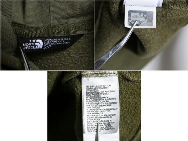 ノースフェイス プリント スウェット フード パーカー レディース S 古着 The North Face プルオーバー 裏起毛 緑 トレーナー カーキ 薄手