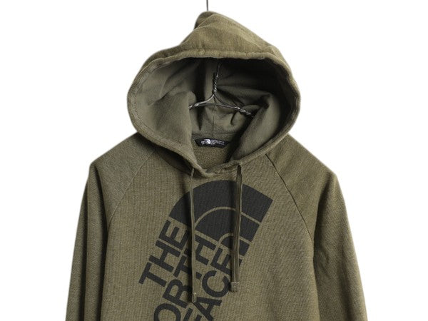 ノースフェイス プリント スウェット フード パーカー レディース S 古着 The North Face プルオーバー 裏起毛 緑 トレーナー カーキ 薄手