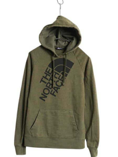 ノースフェイス プリント スウェット フード パーカー レディース S 古着 The North Face プルオーバー 裏起毛 緑 トレーナー カーキ 薄手