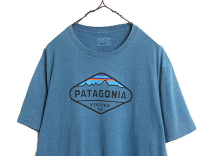 17年製 パタゴニア プリント 半袖 Tシャツ メンズ XL 古着 Patagonia アウトドア フィッツロイ クレスト グラフィック スリム フィット 青