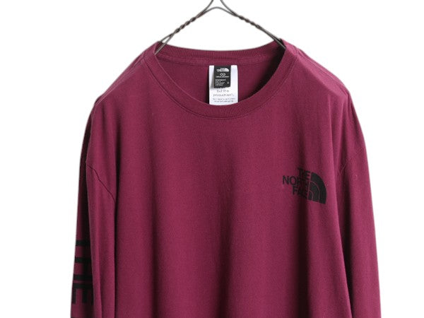 ノースフェイス プリント 長袖 Tシャツ メンズ XL 古着 アウトドア ロンT ロングスリーブ クルーネック 袖プリント ワンポイント パープル