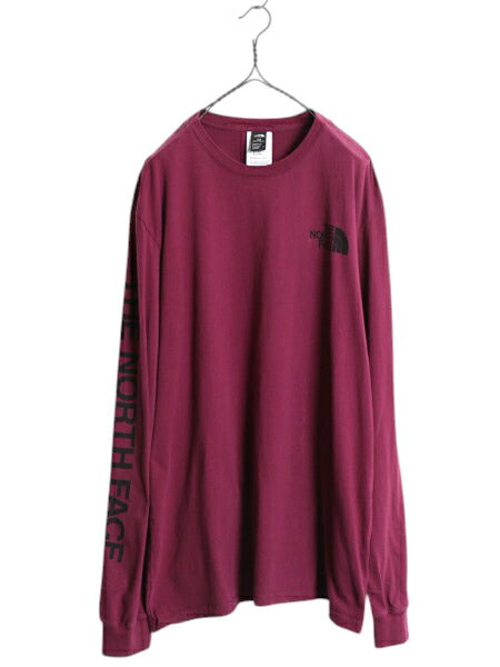 ノースフェイス プリント 長袖 Tシャツ メンズ XL 古着 アウトドア ロンT ロングスリーブ クルーネック 袖プリント ワンポイント パープル