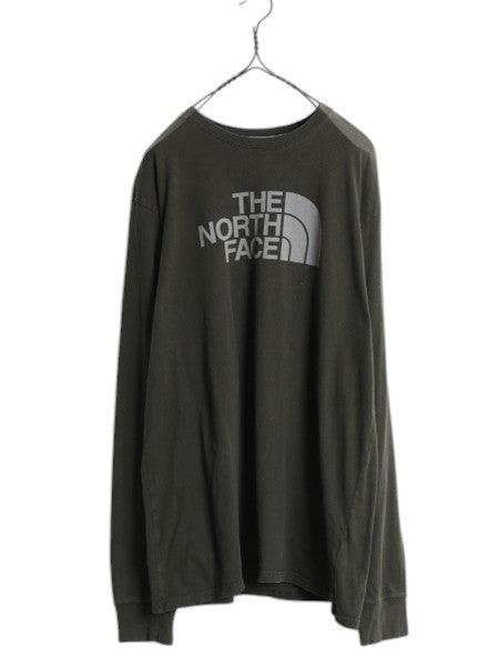 ノースフェイス プリント 長袖 Tシャツ メンズ L 古着 アウトドア ロンT ロングスリーブ クルーネック カットソー ワンポイント グリーン