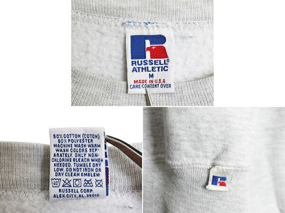 90s USA製 ラッセル カレッジ 刺繍 スウェット メンズ レディース M オールド RUSSELL トレーナー 裏起毛 前V クルーネック 霜降り グレー