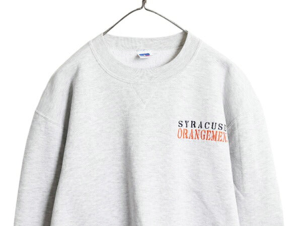 90s USA製 ラッセル カレッジ 刺繍 スウェット メンズ レディース M オールド RUSSELL トレーナー 裏起毛 前V クルーネック 霜降り グレー