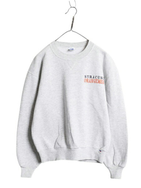 90s USA製 ラッセル カレッジ 刺繍 スウェット メンズ レディース M オールド RUSSELL トレーナー 裏起毛 前V クルーネック 霜降り グレー