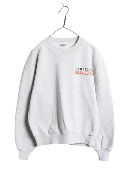 90s USA製 ラッセル カレッジ 刺繍 スウェット メンズ レディース M オールド RUSSELL トレーナー 裏起毛 前V クルーネック 霜降り グレー