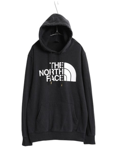 ノースフェイス プリント スウェット フード パーカー メンズ L 黒 古着 裏起毛 プルオーバー トレーナー アウトドア モノトーン ブラック