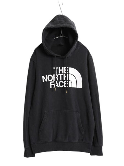 ノースフェイス プリント スウェット フード パーカー メンズ L 黒 古着 裏起毛 プルオーバー トレーナー アウトドア モノトーン ブラック
