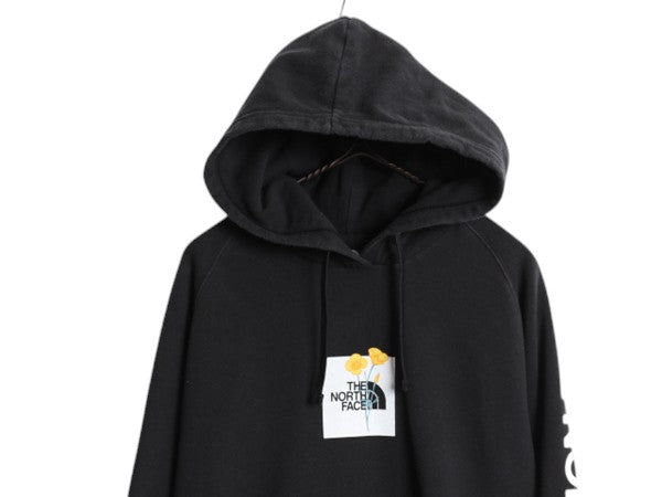 ノースフェイス プリント スウェット フード パーカー レディース L / プルオーバー トレーナー 裏起毛 袖プリント グラフィック 薄手 黒