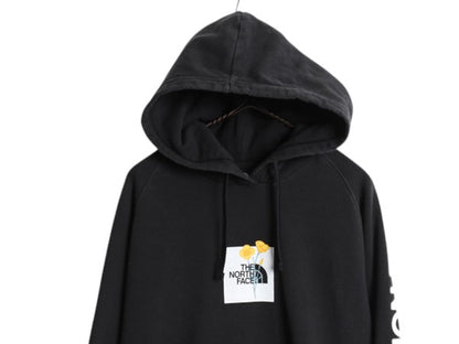 ノースフェイス プリント スウェット フード パーカー レディース L / プルオーバー トレーナー 裏起毛 袖プリント グラフィック 薄手 黒