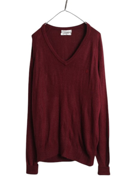 80s USA製 クリスチャン ディオール アクリル ニット セーター メンズ М 古着 ヴィンテージ 長袖ニット Vネック 薄手 ワンポイント エンジ