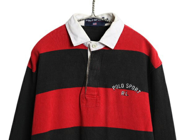 90s ポロスポーツ ラルフローレン ワイド ボーダー 長袖 ラガー シャツ メンズ М 古着 オールド ラグビー 長袖シャツ ワンポイント 黒 赤