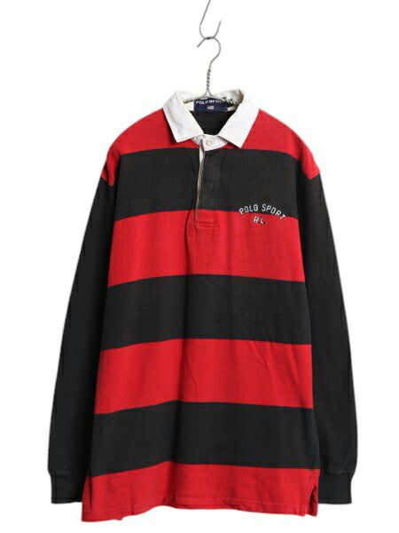90s ポロスポーツ ラルフローレン ワイド ボーダー 長袖 ラガー シャツ メンズ М 古着 オールド ラグビー 長袖シャツ ワンポイント 黒 赤