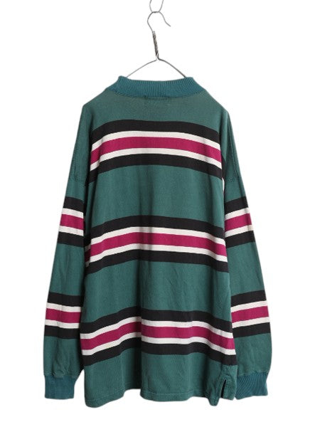 90s エディーバウアー モックネック ボーダー 長袖 Tシャツ メンズ XL 古着 オールド ロンT ラガーシャツ 素材 マルチカラー 大きいサイズ