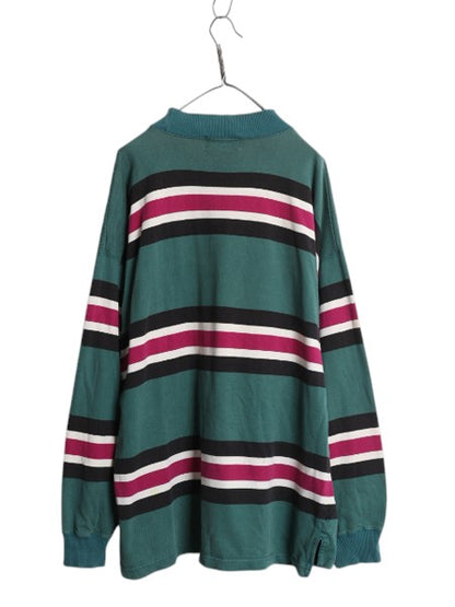 90s エディーバウアー モックネック ボーダー 長袖 Tシャツ メンズ XL 古着 オールド ロンT ラガーシャツ 素材 マルチカラー 大きいサイズ