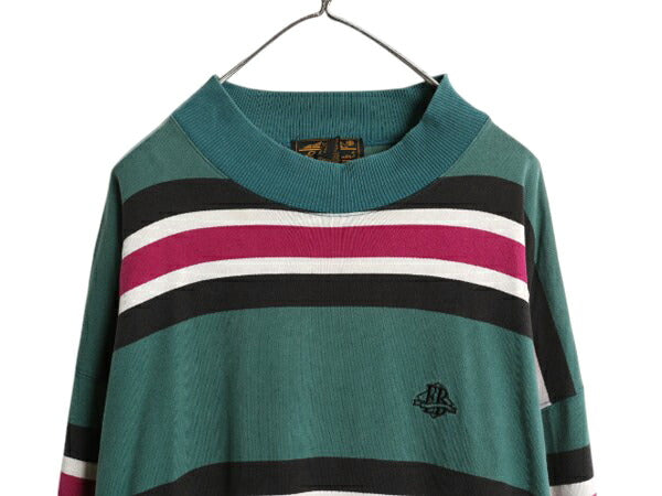 90s エディーバウアー モックネック ボーダー 長袖 Tシャツ メンズ XL 古着 オールド ロンT ラガーシャツ 素材 マルチカラー 大きいサイズ