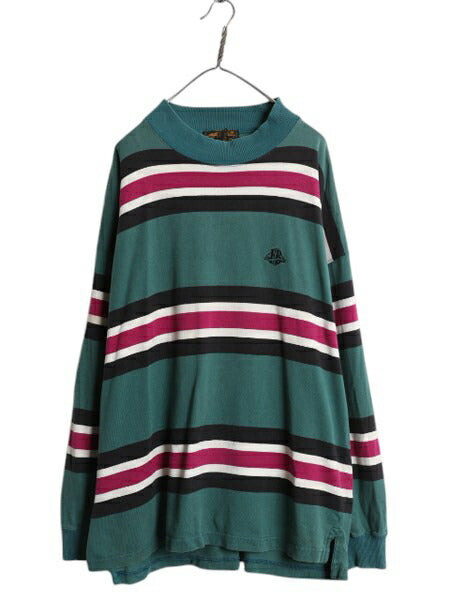 90s エディーバウアー モックネック ボーダー 長袖 Tシャツ メンズ XL 古着 オールド ロンT ラガーシャツ 素材 マルチカラー 大きいサイズ