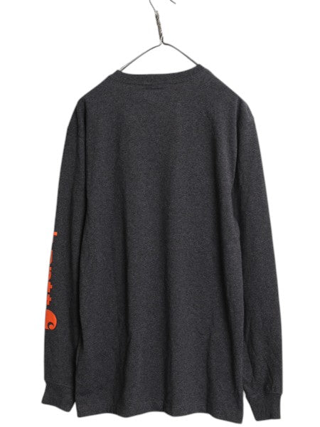 デッドストック カーハート プリント 長袖 Tシャツ メンズ S / 新品 ロンT 袖プリント ヘビーウェイト クルーネック ロングスリーブ 濃灰